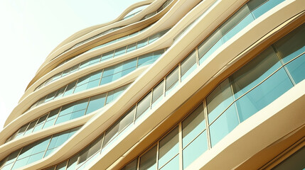 Modern curved architecture with sweeping beige and glass facade under a clear sky.