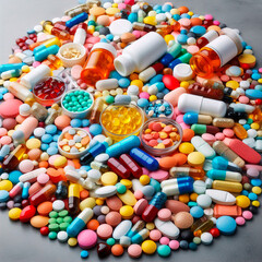 An array of multicolored pharmaceutical pills and capsules, including opioids, vitamins, and a variety of medicines