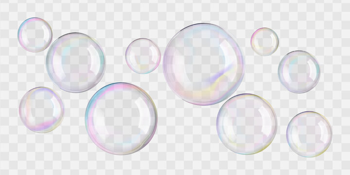 Transparent circle soap bubbles float in bath water, 3D sphere. Rainbow glass ball reflects soap suds. Liquid drops, gradient contrast flare on black wash, design elements for air balloons in wind.