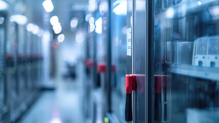 Abstract blur of 70 degrees freezer for specimen storage in hospital Rows of fridges storing blood for research at university
