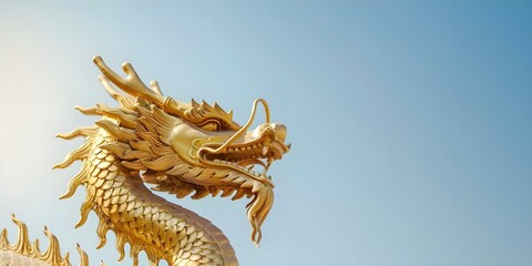 Fototapeta premium Golden dragon statue against blue sky a symbol of Chinese New Year celebration. Concept Chinese New Year, Golden Dragon Statue, Symbolism, Blue Sky, Celebration