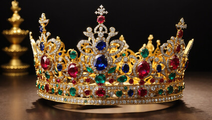 It's a gold crown with many red, blue, and green gemstones.

