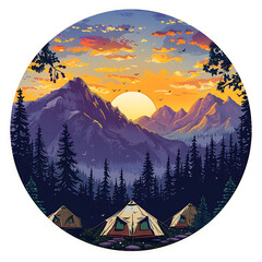 adventure camp sticker, moutains in the background