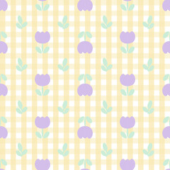 The vector pattern of fabric, wallpaper, gift wrapping paper is continuous and can be made to any size over and over. The cute style is a yellow plaid with cute purple flowers.
