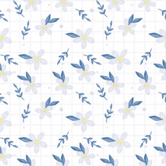 The vector pattern of fabric, wallpaper, gift wrapping paper is continuous and can be made to any size over and over. The cute style is a yellow plaid with cute purple flowers.