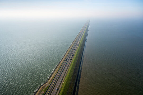 Aerial view of Afsluitdijk on IJsselmeer lake