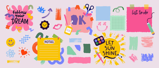 Colorful abstract backgrounds with grunge textures, hand drawn patterns. Stickers, quote boxes, place for text, torn cut papers. Cute cartoon style. Cool funny design elements. Speech bubbles. Vector