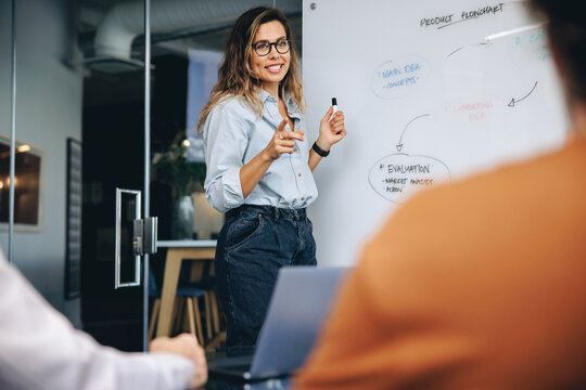 Young business woman giving a presentation, discussing a product flowchart with her team