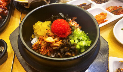 Traditional Korean Food, korean food bibimbap in hot stone bowl