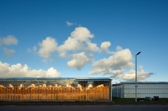 Greenhouse under blue sky with clouds