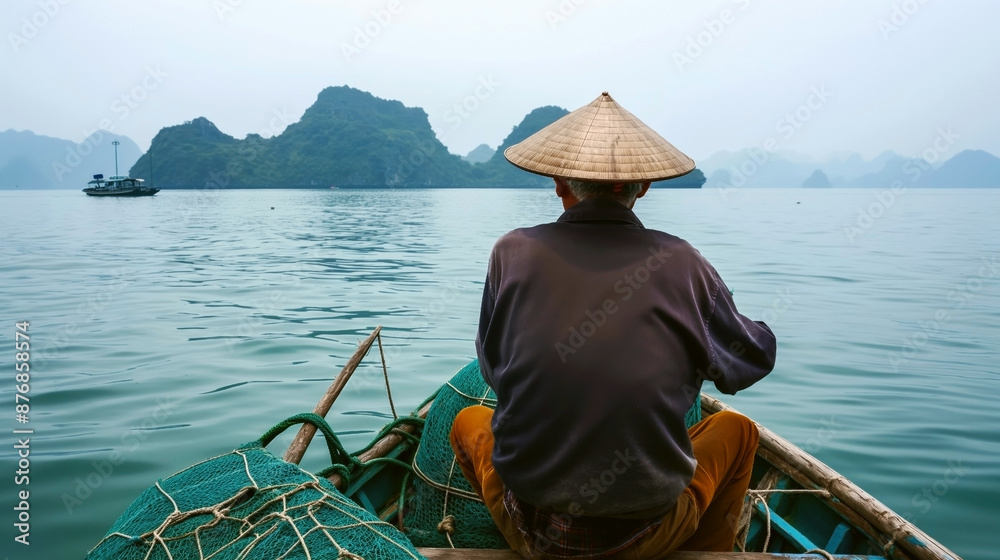 Sticker a fisherman wearing a conical hat is sitting in a boat surrounded by calm waters with a distant boat