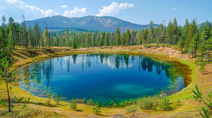 Fototapeta premium Deep blue lake reflecting trees and mountains in the forest