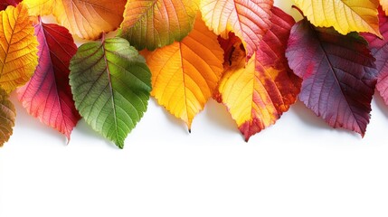 Fototapeta premium Flat Lay of Colorful Autumn Leaves on White Background with Copy Space, Vibrant Fall Foliage, Seasonal Nature, Top View
