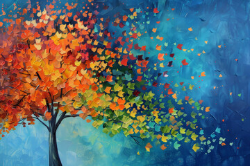 A painting of a tree with leaves of different colors and a blue sky background