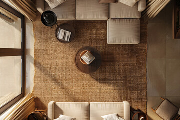 Top-down view of a small, chic living room with a brown and camel color palette, centered around a modern sisal rug. The hyper-realistic rendering captures the rug's fine texture and the room's