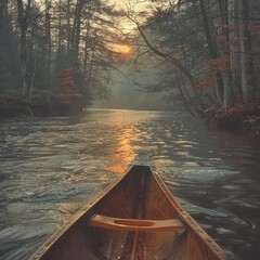 Fototapeta premium Tranquil canoe ride on a misty forest river during sunrise, surrounded by serene natural beauty and calm waters.