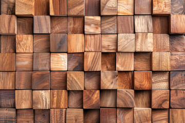 Close-up of a wooden 3D geometric block pattern with various shades of brown, creating a textured and natural design background.