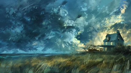 Fototapeta premium The artistic representation of the sun rising over the waters of the sea