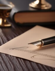 Fototapeta premium Closeup of a Fountain Pen - Ink Pen for Writing - Signing with Elegant pen and Cursive - Written Signature on a Agreement, Document or Contract - Premium Luxury Gold and Silver Pen for Business