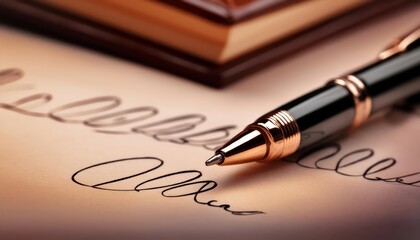 Fototapeta premium Closeup of a Fountain Pen - Ink Pen for Writing - Signing with Elegant pen and Cursive - Written Signature on a Agreement, Document or Contract - Premium Luxury Gold and Silver Pen for Business