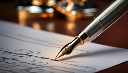 Fototapeta premium Closeup of a Fountain Pen - Ink Pen for Writing - Signing with Elegant pen and Cursive - Written Signature on a Agreement, Document or Contract - Premium Luxury Gold and Silver Pen for Business