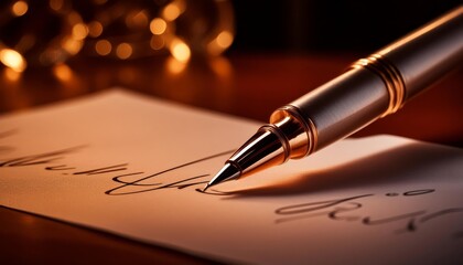 Closeup of a Fountain Pen - Ink Pen for Writing - Signing with Elegant pen and Cursive - Written Signature on a Agreement, Document or Contract - Premium Luxury Gold and Silver Pen for Business