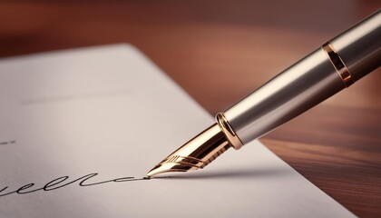 Closeup of a Fountain Pen - Ink Pen for Writing - Signing with Elegant pen and Cursive - Written Signature on a Agreement, Document or Contract - Premium Luxury Gold and Silver Pen for Business