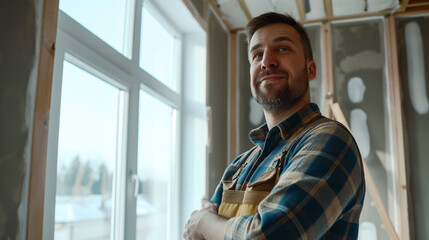 Fototapeta premium A confident man wearing a plaid shirt and overalls stands with his arms crossed, looking out of a window in a partially renovated room.