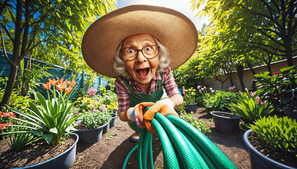 Elderly Woman with Wide Smile and Gardening Hose in a Vibrant Flower Garden on a Sunny Day.