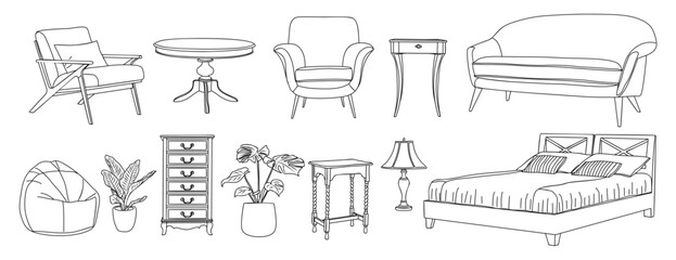 Collection of elegant furniture, home interior decorations of trendy mid century modern boho style hand drawn black ink sketch isolated on transparent background. Vector outline illustration