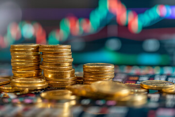 “Bitcoin Investment Stacks on Market Data Background”