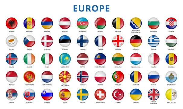 Round glossy buttons with flags of Europe countries.