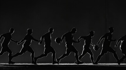 Obraz premium Black silhouettes of football players playing soccer on a black background.