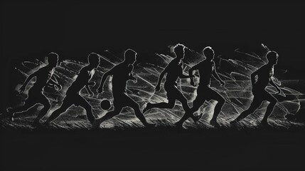 Black silhouettes of football players playing soccer on a black background.