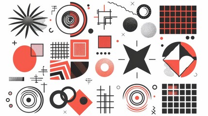 Obraz premium Brutalist abstract geometric shapes and grids. Brutal contemporary figure star oval spiral flower and other primitive elements. Swiss design aesthetic. Bauhaus memphis design.