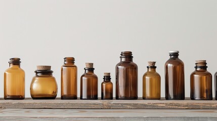 Medicine bottles line up on a wooden table isolated on white background
