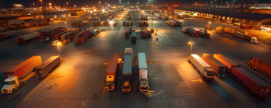 Drone view of a large-scale consignment transport depot at night, showcasing 24/7 logistics strategy, consignment depot, night operations