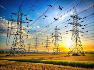 Electrical towers stand like sentinels in a vast, open field, their tall, skeletal frames crisscrossed with wires, as birds soar freely in the blue sky above.