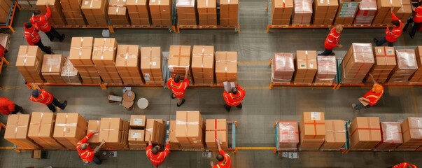 Workers preparing consignments for transport in a warehouse, focusing on logistical efficiency, consignment preparation, warehouse strategy