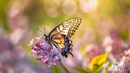 Obraz premium Butterflies perched on purple flowers with warm, soft and beautifully blurred sunlight in the background