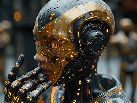 Image of an otherworldly looking artificial intelligence android face with golden and glowing patterns