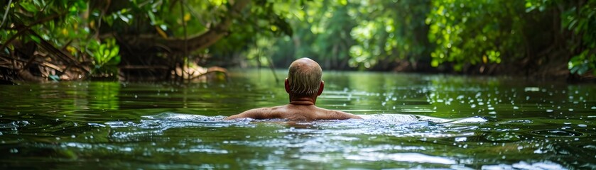 Fototapeta premium Elderly Man Swimming in Tranquil River Surrounded by Lush Greenery