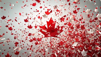 Patriotic Canadian Flag Made Of Red Maple Leaves Fluttering In The Wind On A White Background.