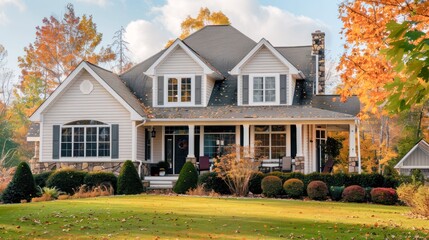 suburban house with manicured lawn and autumn foliage - cozy residential home
