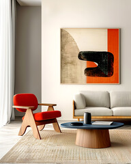 Scandinavian interior design of modern living room with accent red armchair and frame on wall.