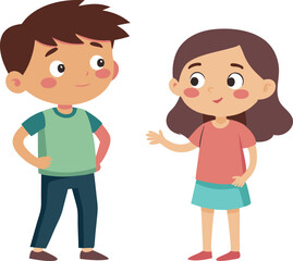 Fototapeta premium A boy and a girl standing and talking to each other, with friendly expressions and casual clothing.