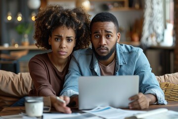 Fototapeta premium A couple sitting on a couch with a laptop, their faces etched with worry as they review their monthly budget and try to make ends meet