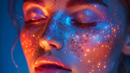 Sleek, beautiful girl in colorful bright lights with trendy make-up