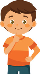 Cartoon illustration of a boy thinking with a finger on his chin.