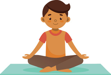 Cartoon illustration of a boy meditating in a lotus pose with a calm expression.